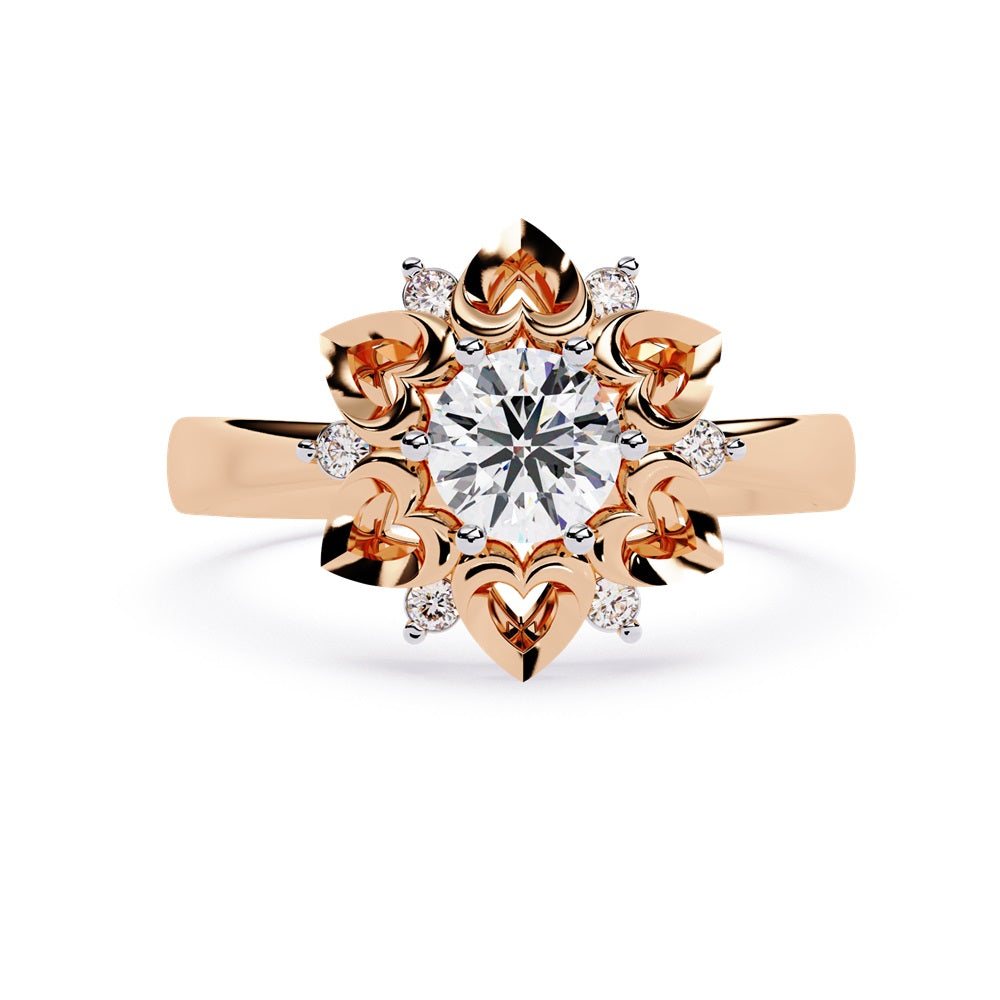 A floral engagement ring highlighted by a diamond center, complemented by heart-shaped petals for a delicate appearance.