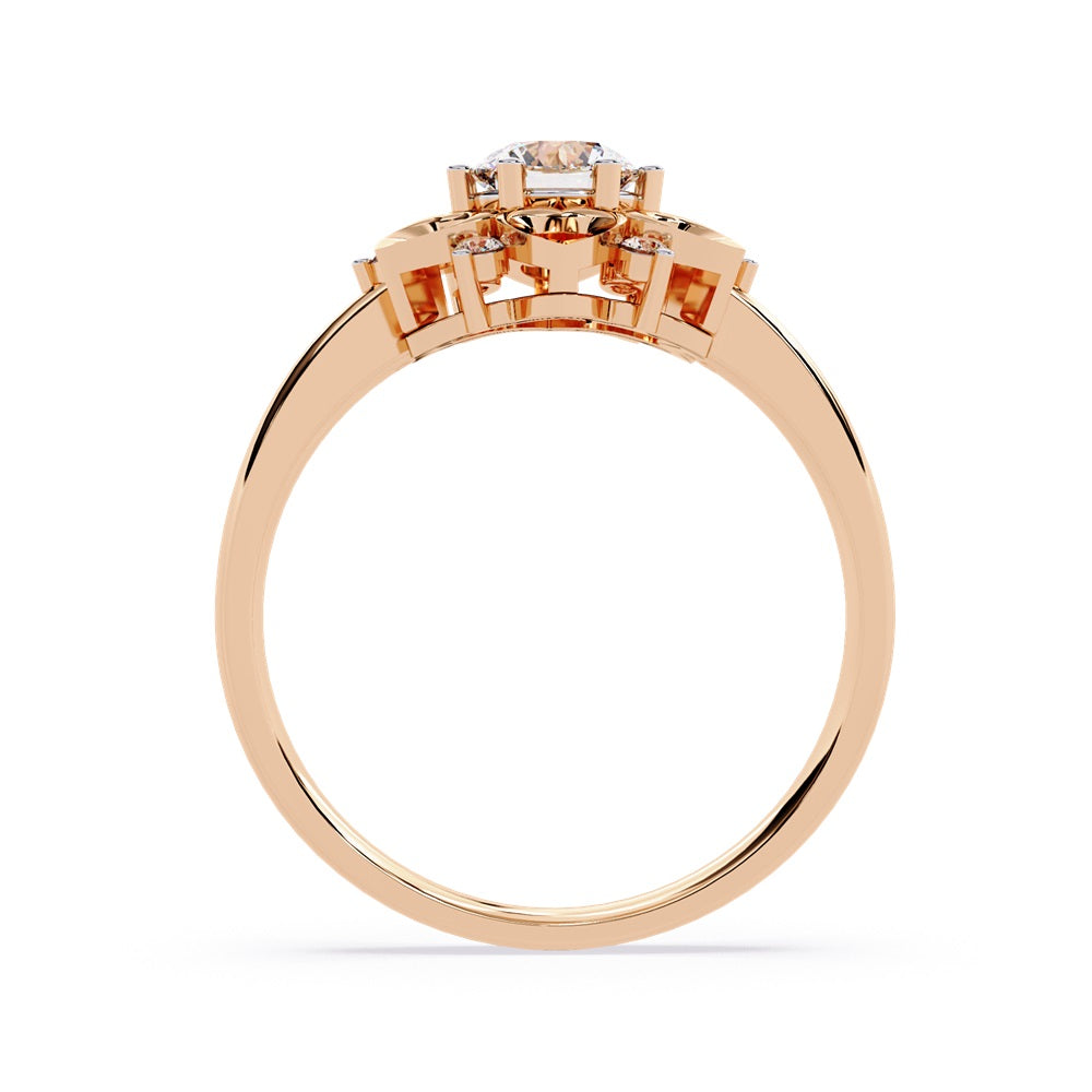 A floral engagement ring highlighted by a diamond center, complemented by heart-shaped petals for a delicate appearance.