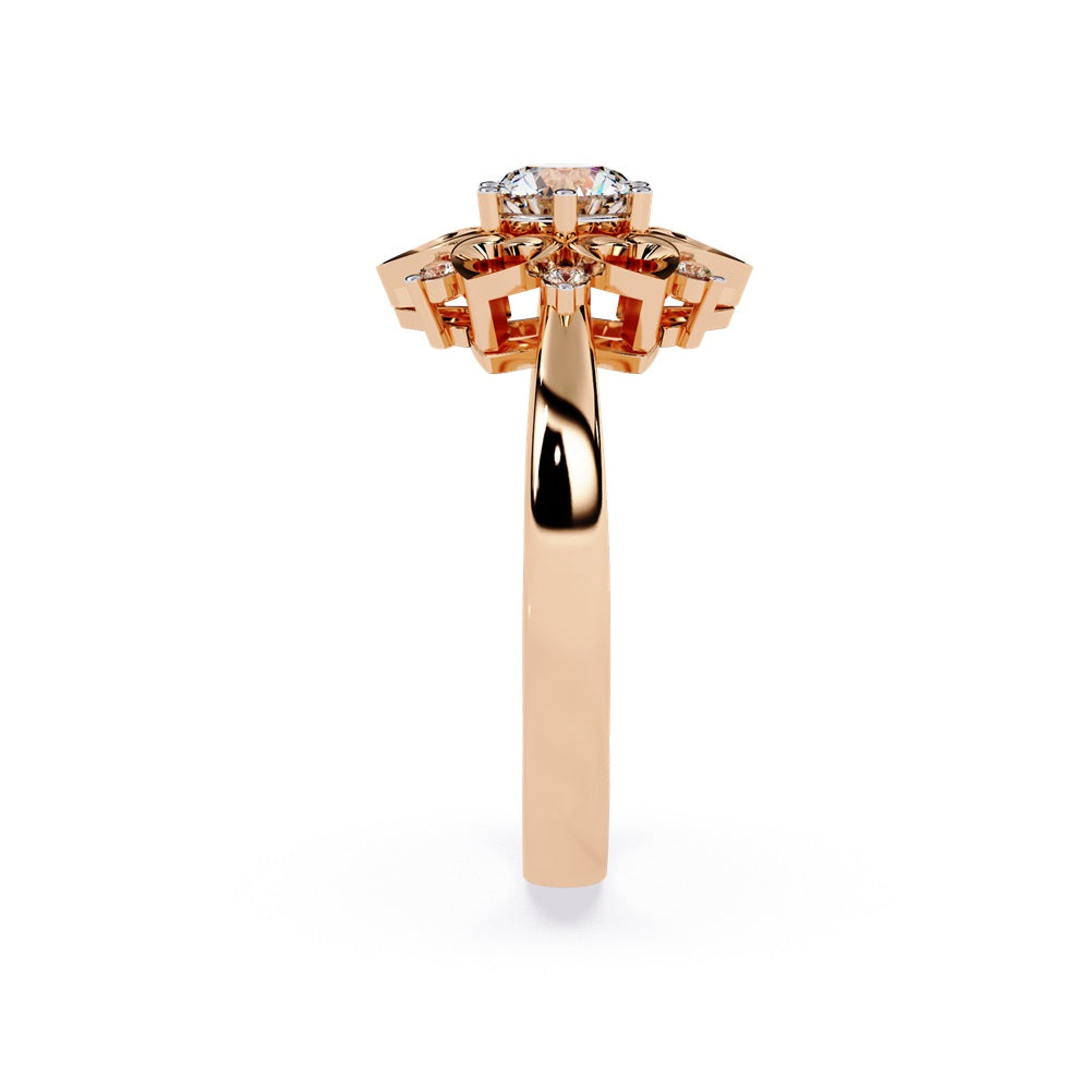 A floral engagement ring highlighted by a diamond center, complemented by heart-shaped petals for a delicate appearance.