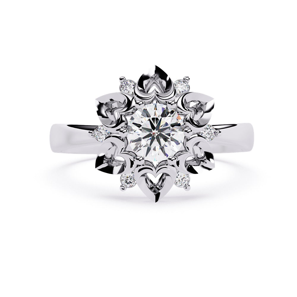 A floral engagement ring highlighted by a diamond center, complemented by heart-shaped petals for a delicate appearance.
