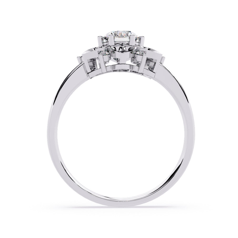 A floral engagement ring highlighted by a diamond center, complemented by heart-shaped petals for a delicate appearance.