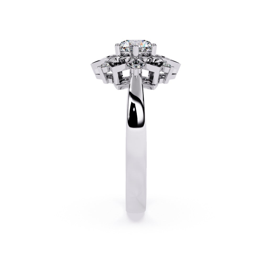 A floral engagement ring highlighted by a diamond center, complemented by heart-shaped petals for a delicate appearance.