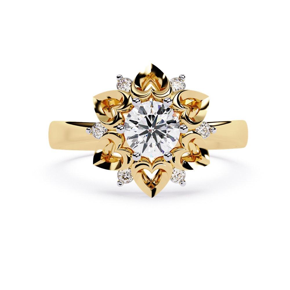 A floral engagement ring highlighted by a diamond center, complemented by heart-shaped petals for a delicate appearance.