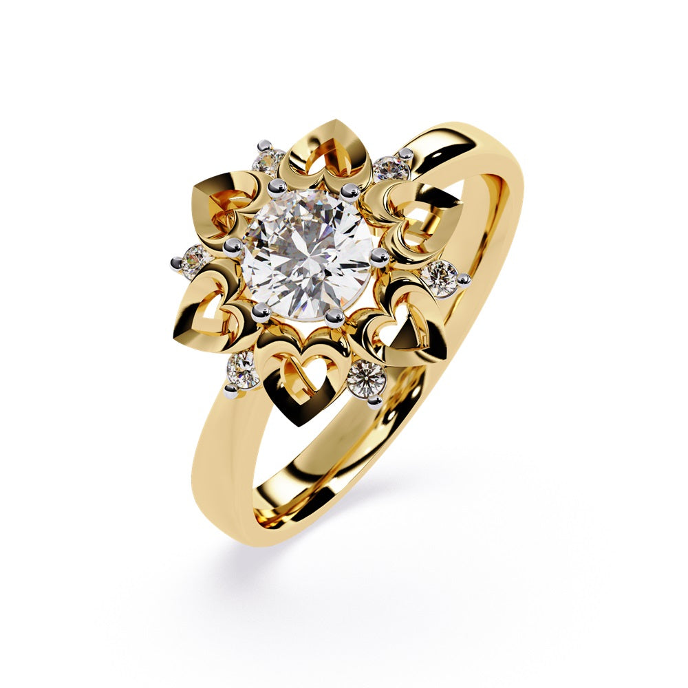 A floral engagement ring highlighted by a diamond center, complemented by heart-shaped petals for a delicate appearance.