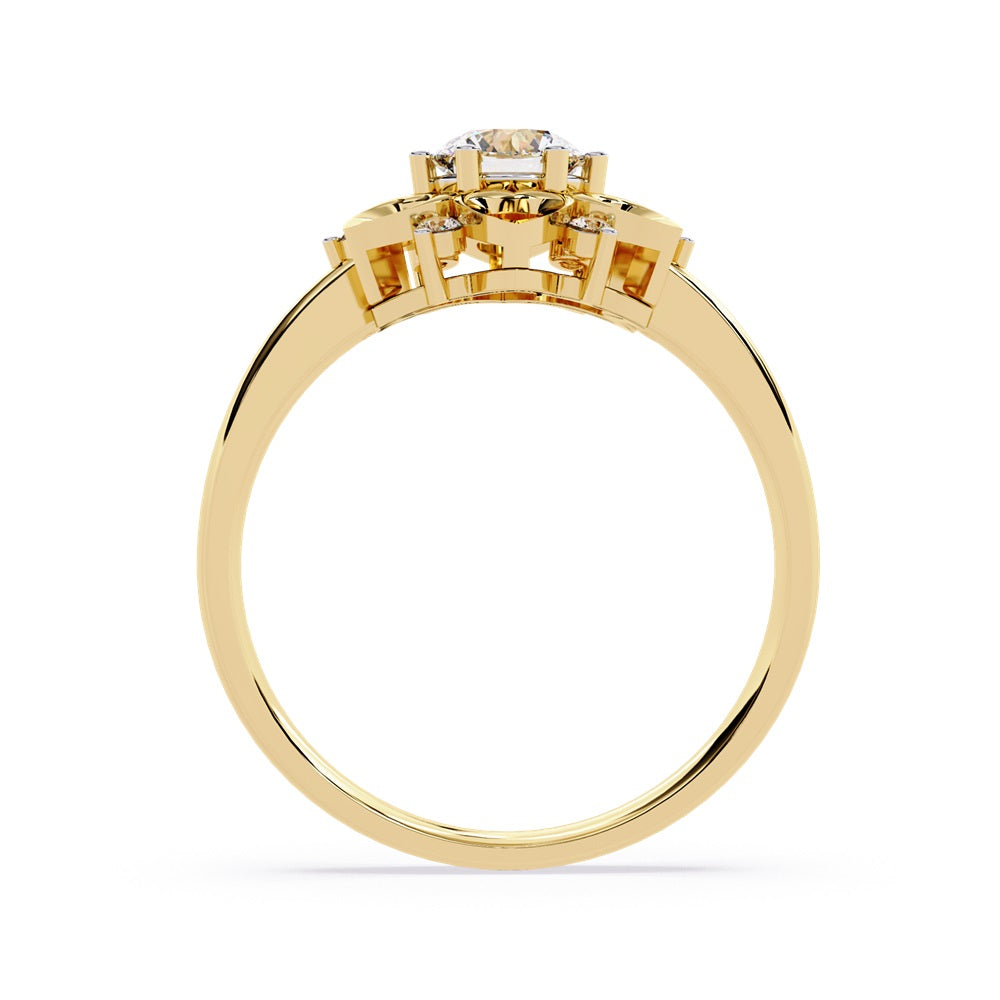 A floral engagement ring highlighted by a diamond center, complemented by heart-shaped petals for a delicate appearance.