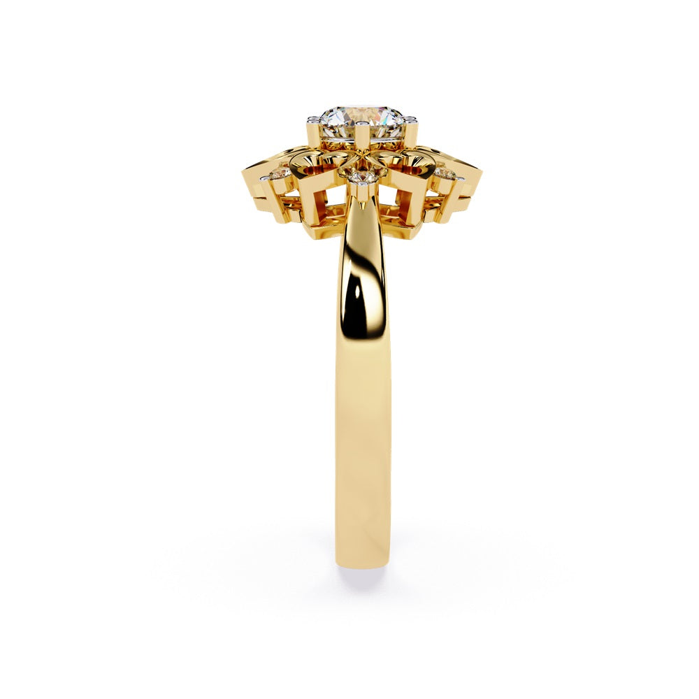 A floral engagement ring highlighted by a diamond center, complemented by heart-shaped petals for a delicate appearance.