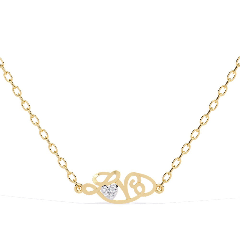 Elegant gold pendant lettering of the word "love," adorned with sparkling diamonds, radiating luxury and romance.