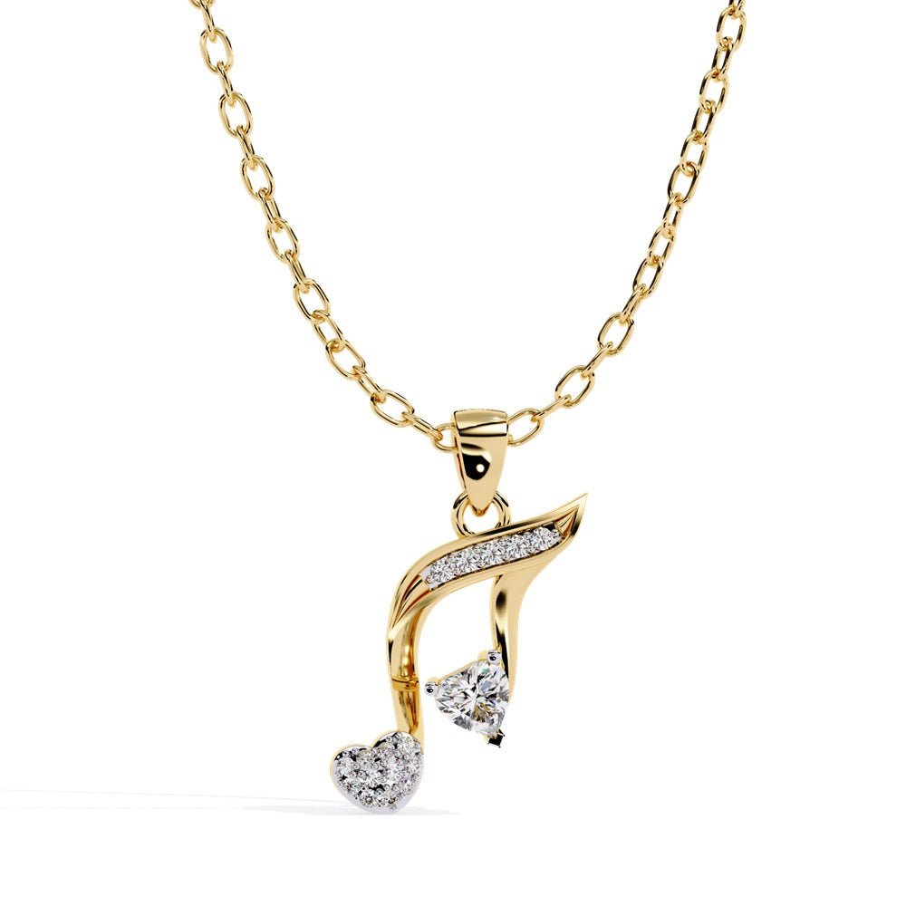 Gold pendant with a musical note pendant adorned with small diamonds, including a heart-shaped diamond at the bottom.