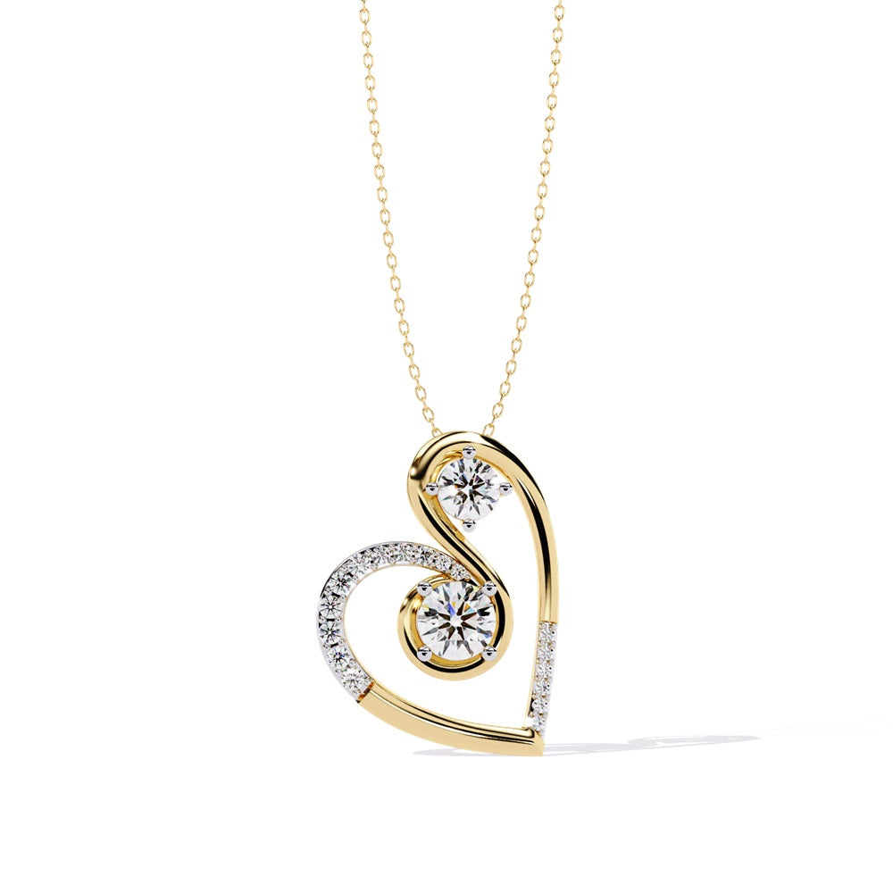 The Timeless Heart Diamond Solitaire Pendant by Niraa showcases a gold heart-shaped design with two diamonds of varying sizes, swirling accents, and smaller stones on one side, elegantly linked to a delicate chain. However, the product description seems incomplete.