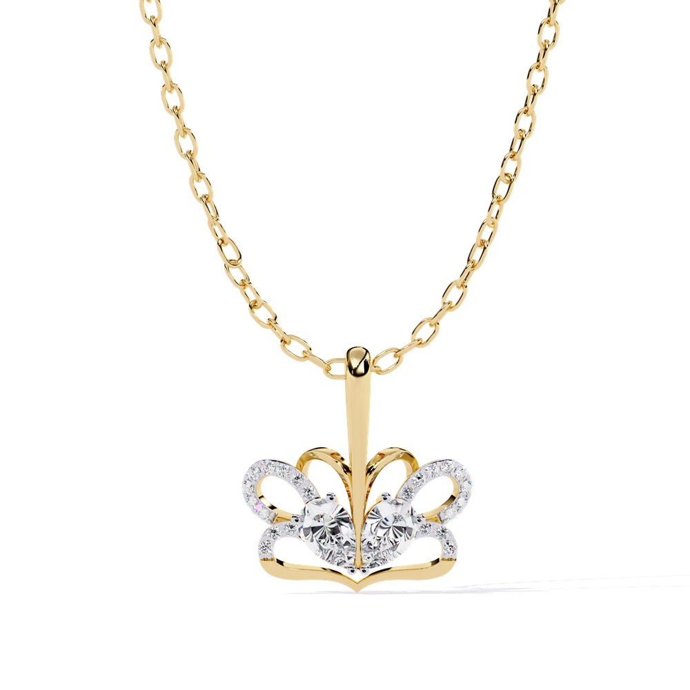 Niraas Crown Pear Shape Diamond Solitaire Pendant exudes elegance with a stylized crown design featuring intricate loops around a central gem. The delicate chain, crafted from small interlocking links, flawlessly complements its regal allure.