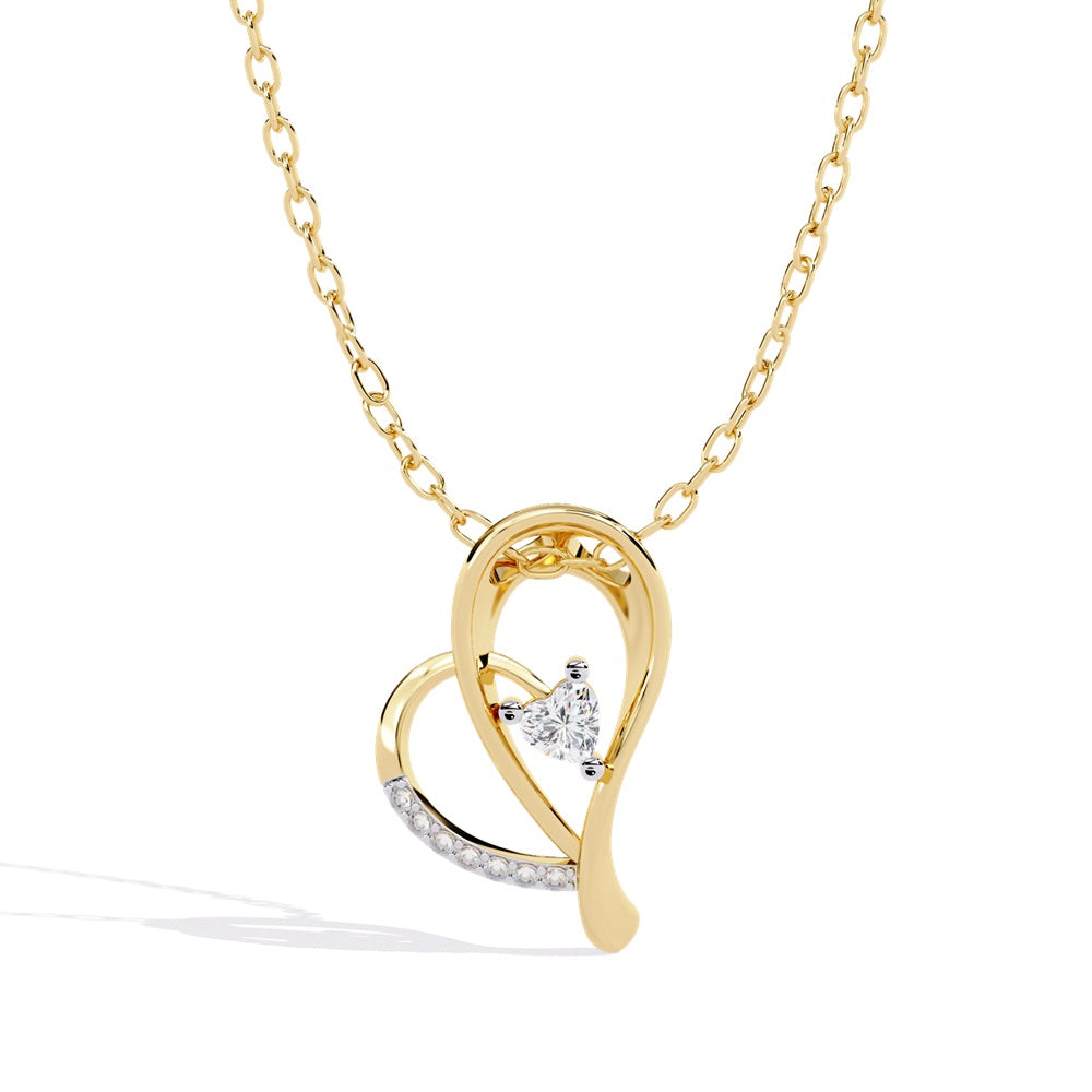 The Precious Love Diamond Pendant by Niraa is a gold necklace with a heart-shaped pendant featuring intertwined gold and silver loops, centered with a sparkling diamond for an elegant touch. If the product description needs enhancements or formatting, please provide more details for SEO purposes.