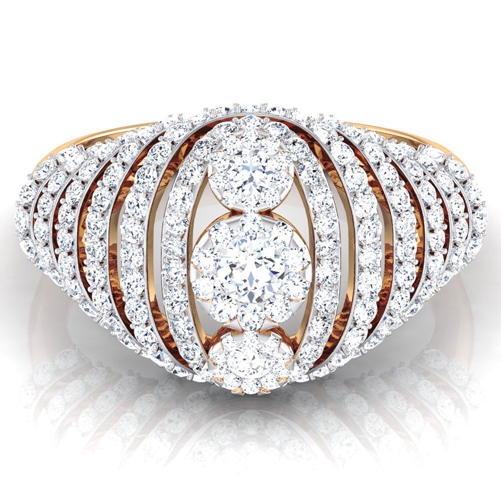 The Celia Diamond Solitaire Ring by Niraa features a gold band with two central diamonds encircled by smaller ones in graceful curves, exuding captivating luxury.