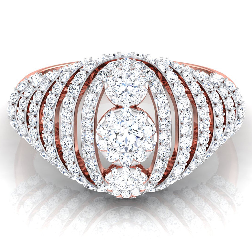 The Celia Diamond Solitaire Ring by Niraa features a gold band with two central diamonds encircled by smaller ones in graceful curves, exuding captivating luxury.