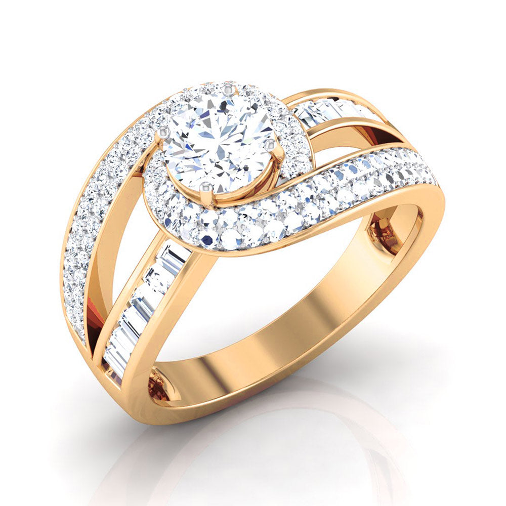 The Audrey Diamond Solitaire Ring by Niraa features a central round diamond with smaller diamonds and baguette-cut stones in a stunning, swirling gold band. This concise product description emphasizes key features for SEO optimization.