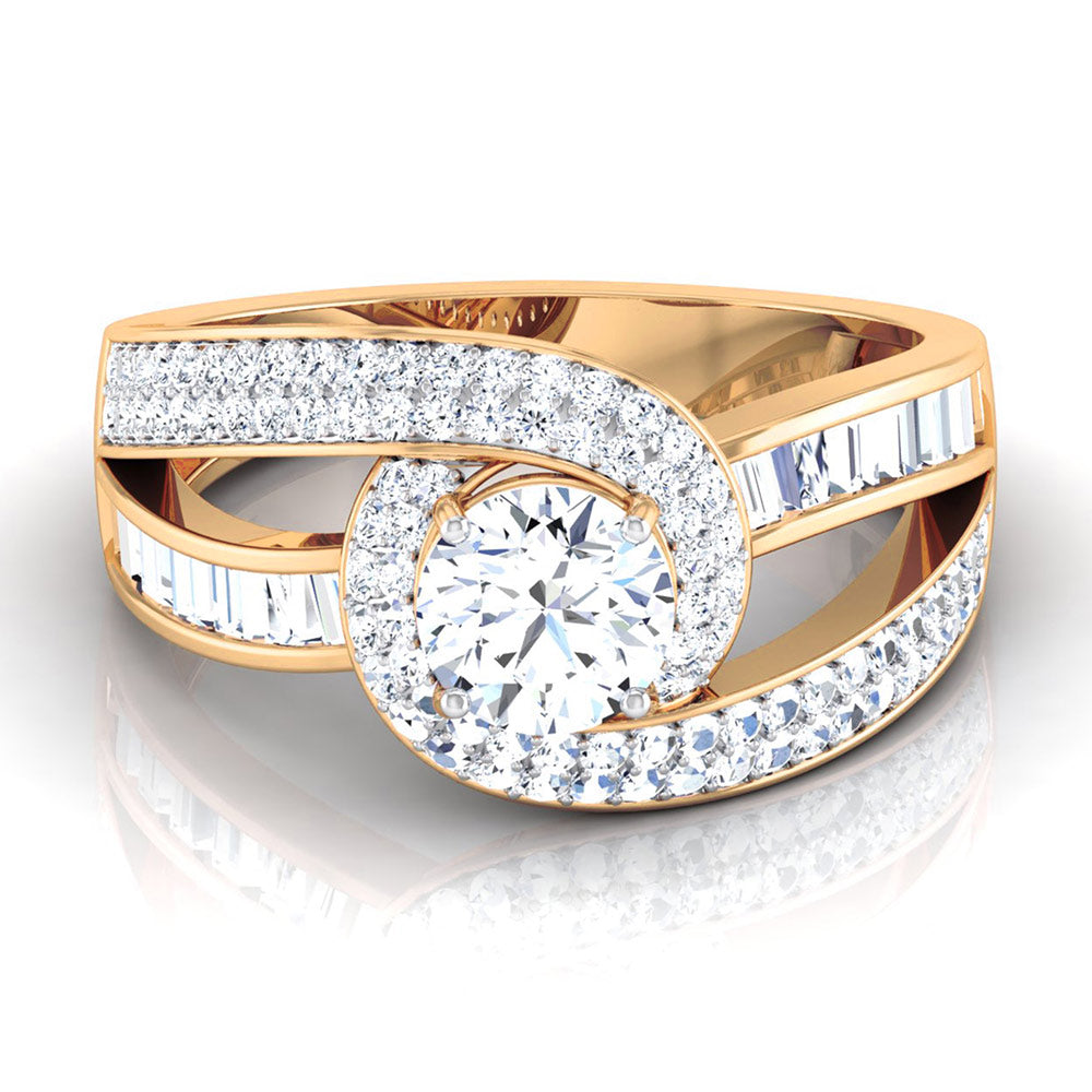 The Audrey Diamond Solitaire Ring by Niraa features a central round diamond with smaller diamonds and baguette-cut stones in a stunning, swirling gold band. This concise product description emphasizes key features for SEO optimization.