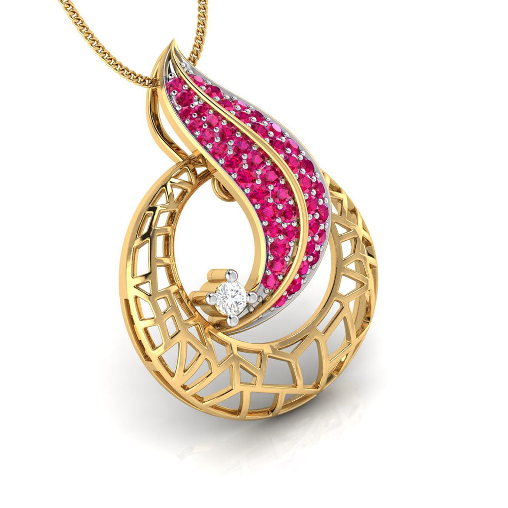 The Everly Diamond Pendant Set by Niraa features a stunning gold necklace with a circular frame and geometric pattern. Inside, a captivating wave design is encrusted with small red stones, highlighted by a sparkling clear gemstone, creating an eye-catching masterpiece.