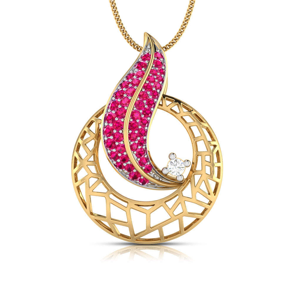 The Everly Diamond Pendant Set by Niraa features a stunning gold necklace with a circular frame and geometric pattern. Inside, a captivating wave design is encrusted with small red stones, highlighted by a sparkling clear gemstone, creating an eye-catching masterpiece.