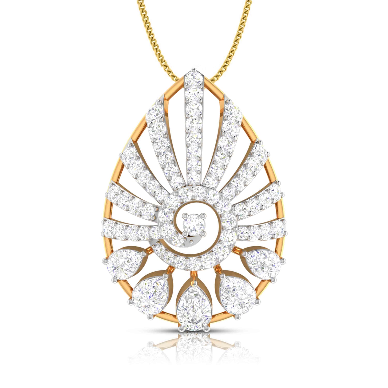 The Skylar Diamond Pendant Set by Niraa features a gold teardrop pendant with spiral and sunburst designs, adorned with sparkling diamonds in various shapes to create an elegant, intricate pattern capturing the essence of beauty.