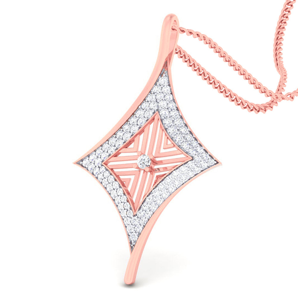 The Allison Diamond Pendant Set by Niraa features an elongated diamond-shaped gold pendant with a central diamond, encircled by small diamonds and adorned with a striped design, elegantly hanging from a twisted gold chain.