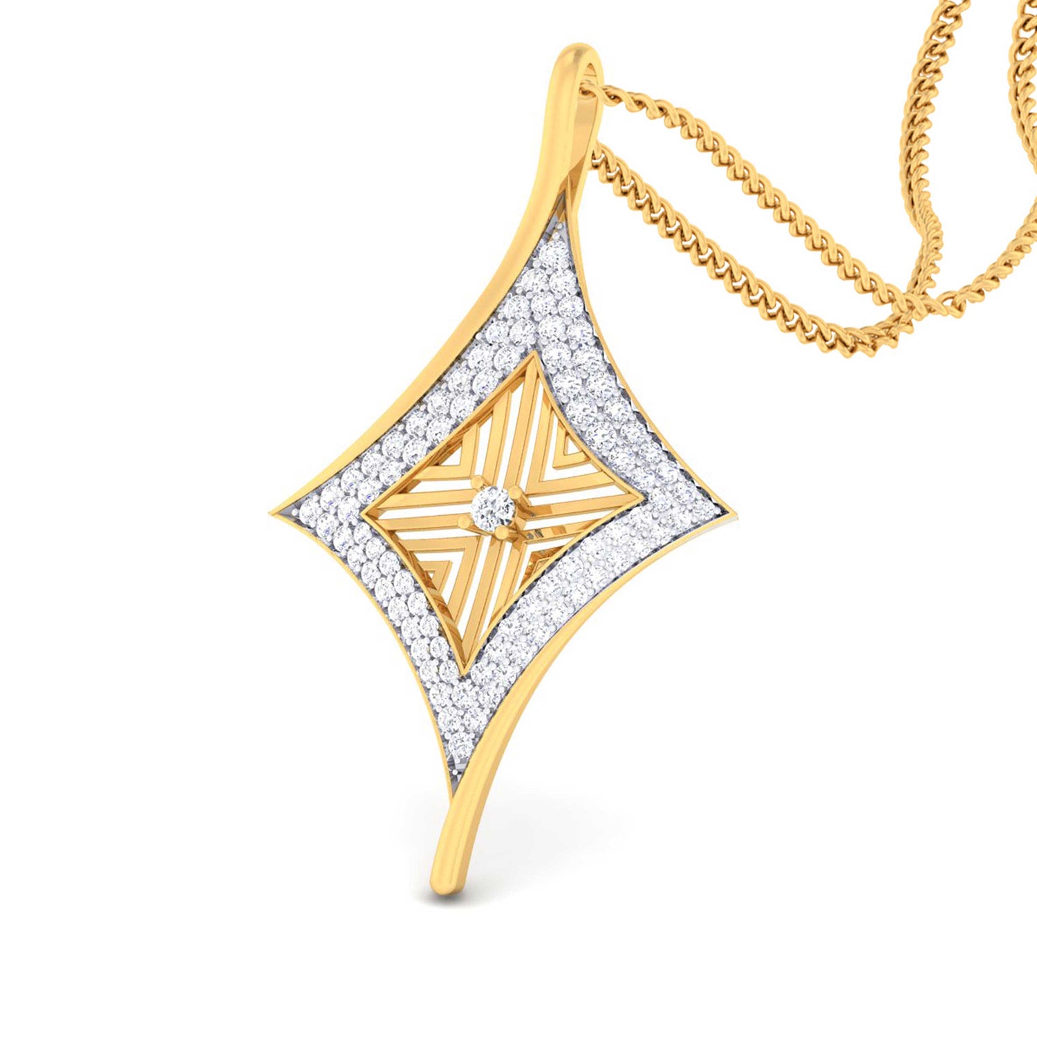 The Allison Diamond Pendant Set by Niraa features an elongated diamond-shaped gold pendant with a central diamond, encircled by small diamonds and adorned with a striped design, elegantly hanging from a twisted gold chain.