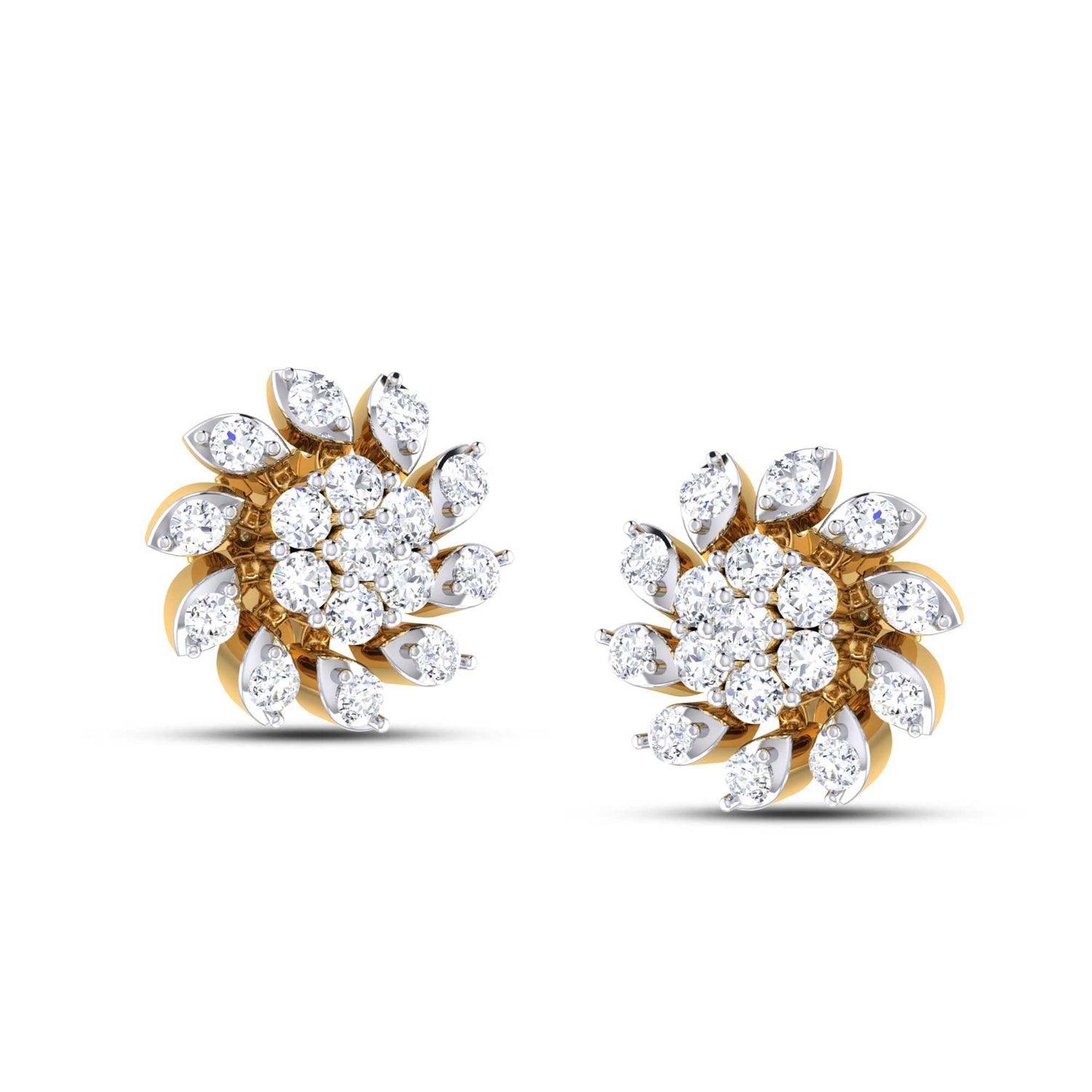 The Cassandra Diamond Earrings by Niraa are elegant floral designs in gold, featuring central clusters of round diamonds encircled by petal-shaped diamond arrangements, offering a sparkling, timeless elegance to enhance any outfit.