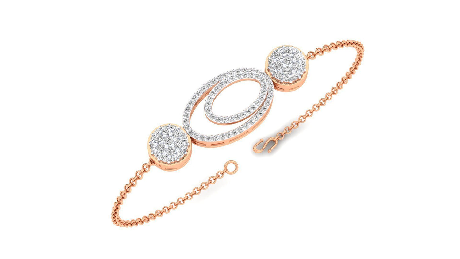 The Marisol Diamond Bracelet by Niraa features an intricate design with two circular clusters of small stones and an oval loop at its center. Its slender silver chain, secured by a lobster clasp, subtly glimmers against a plain white backdrop, perfect for elevating any elegant look.