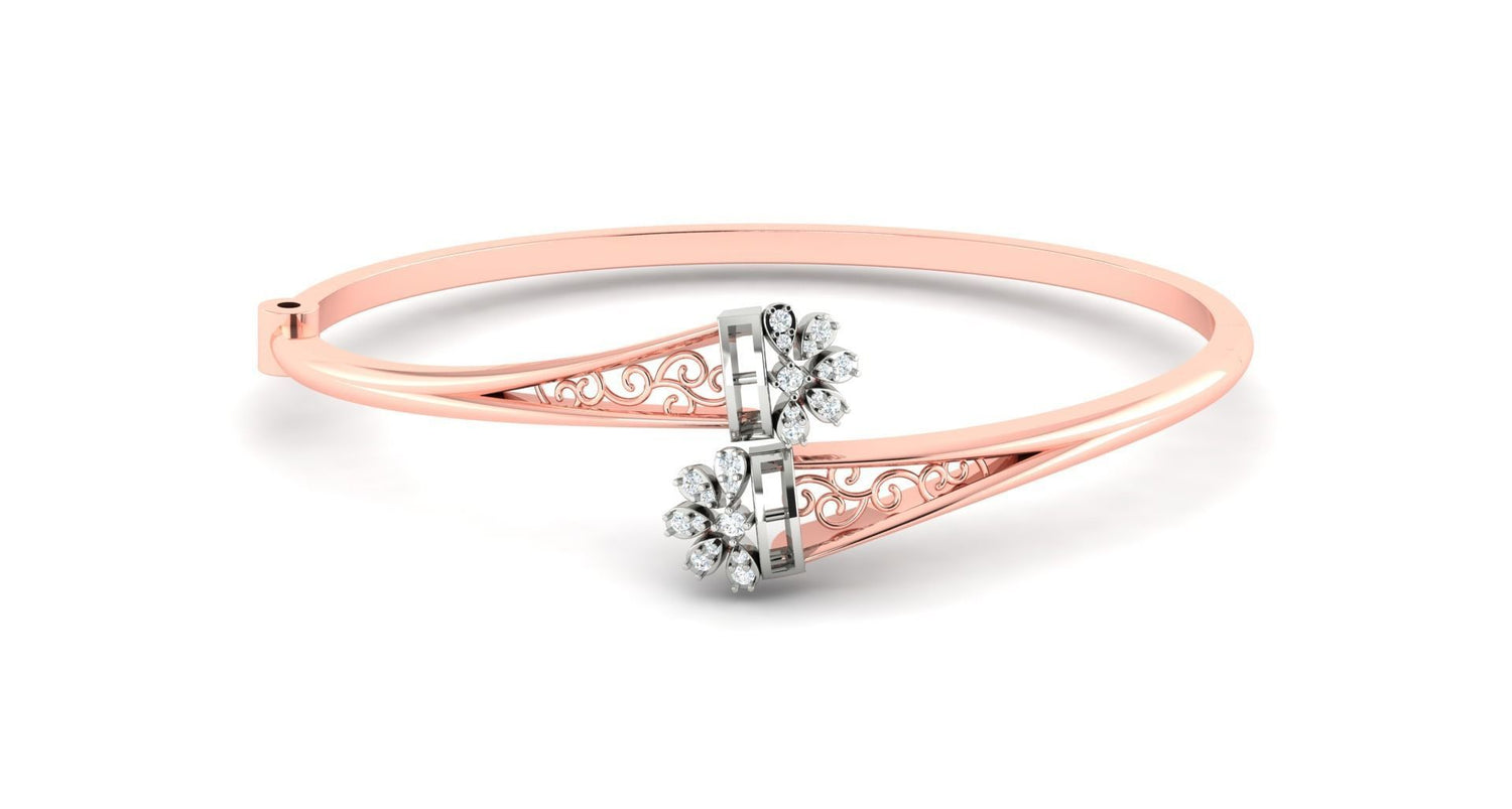 The Saniyah Diamond Bracelet by Niraa is a rose gold piece featuring intricate floral patterns and two diamond clusters at the center, offering a sleek design that adds sophistication to your style effortlessly.