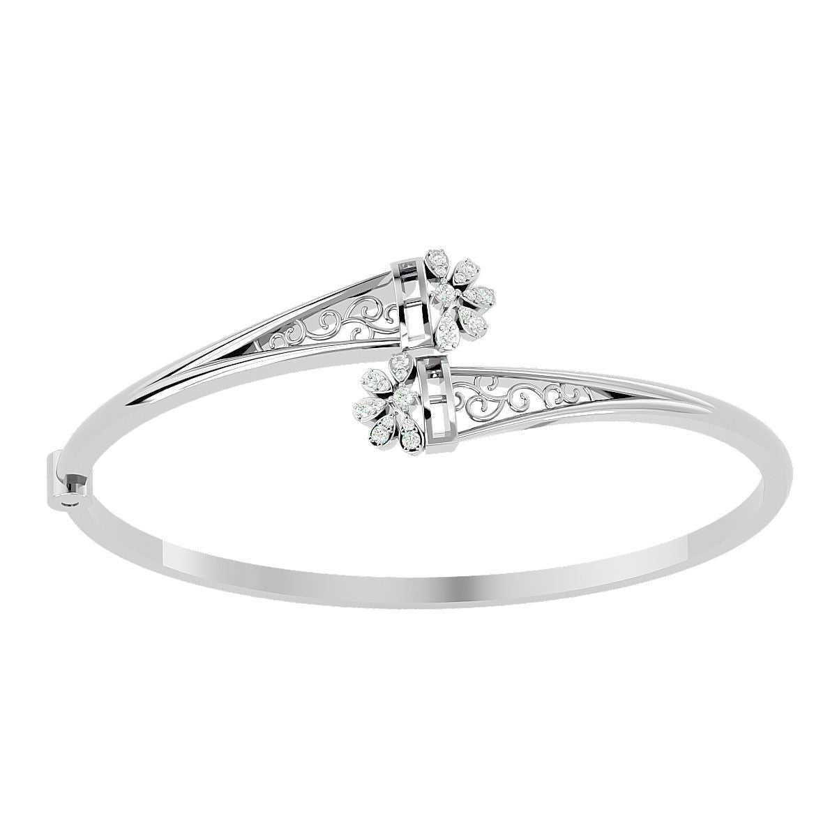 The Saniyah Diamond Bracelet by Niraa is a rose gold piece featuring intricate floral patterns and two diamond clusters at the center, offering a sleek design that adds sophistication to your style effortlessly.