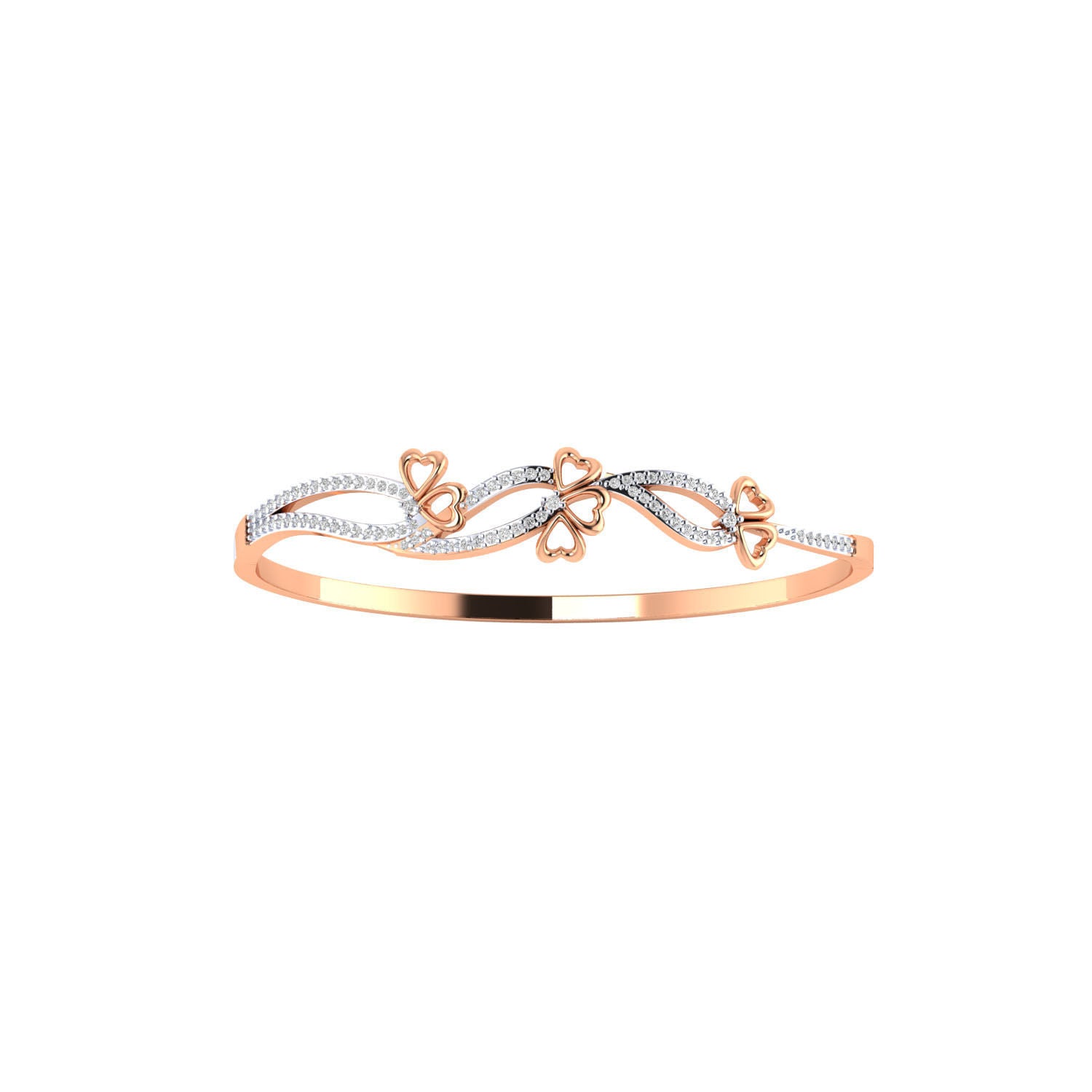 The Niraa Yamileth Diamond Bracelet is a rose gold design featuring intertwined heart shapes, each adorned with small sparkling stones, radiating an exquisite love story.