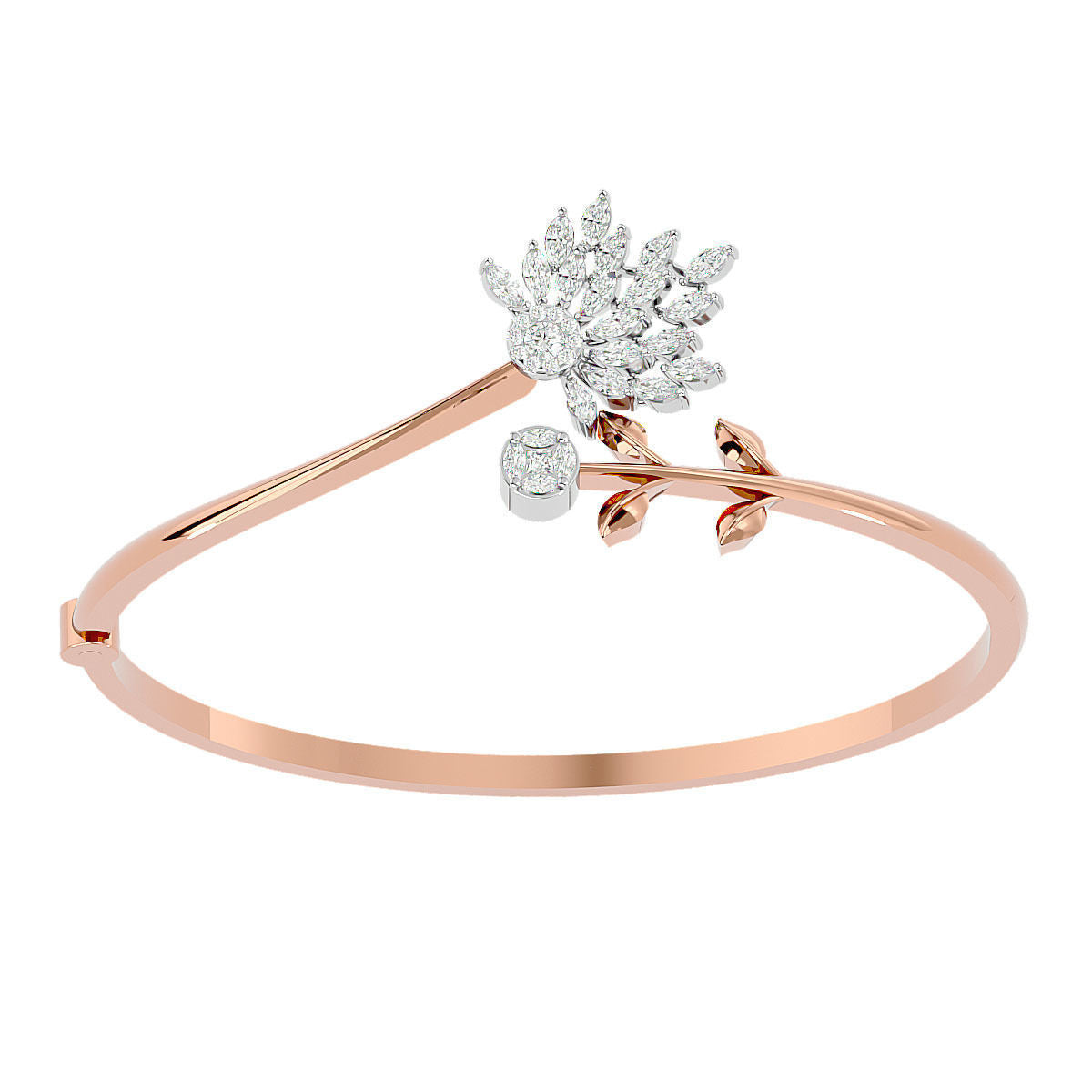 The Barbara Diamond Bracelet by Niraa is a delicate rose gold accessory featuring a floral design with sparkling white stones forming a flower, complemented by small leaf-like accents on its elegant band, beautifully capturing natures essence.