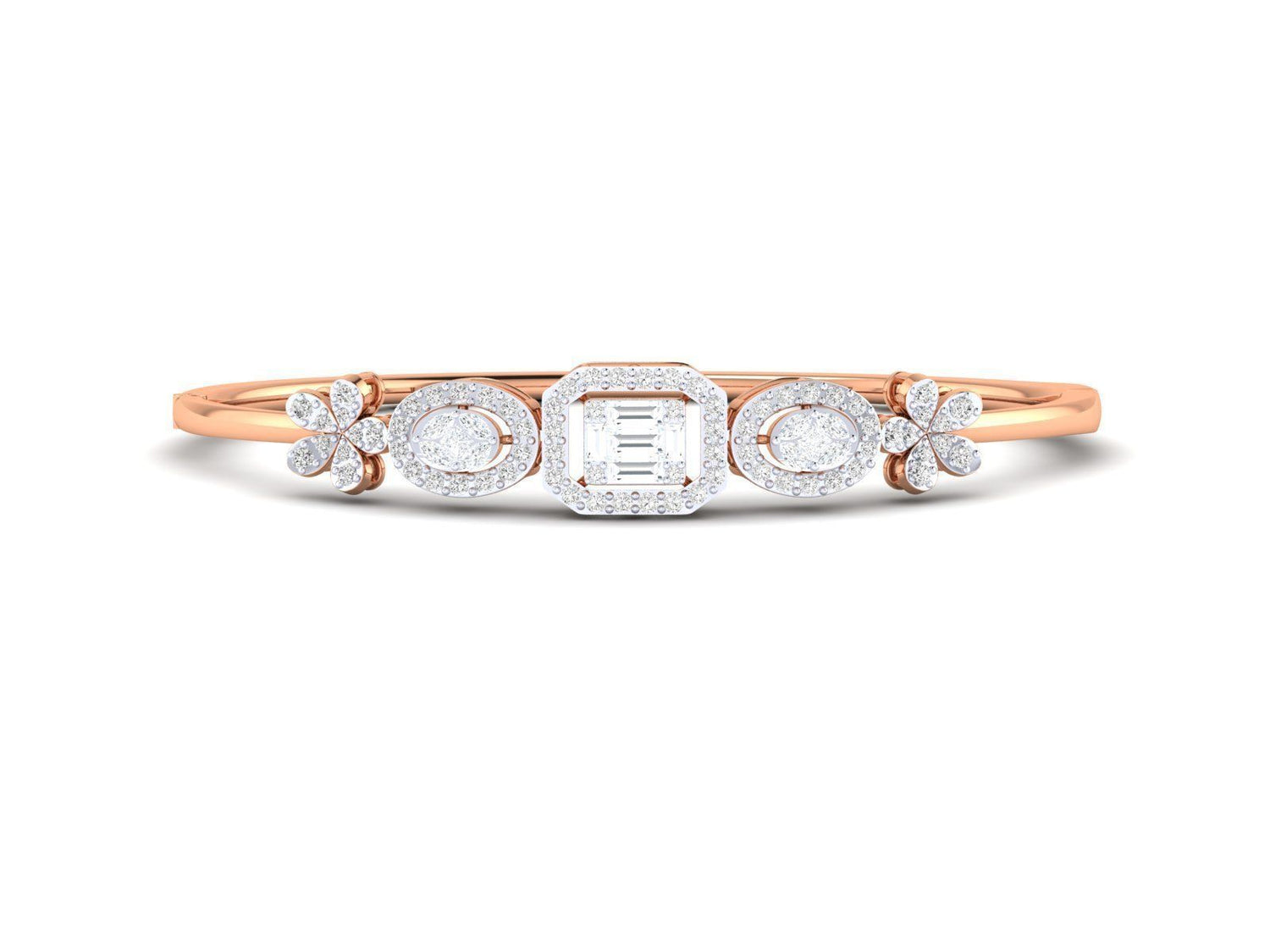 The Lillianna Diamond Bracelet by Niraa showcases a central square-cut diamond flanked by two circular diamonds, each accented with round diamonds. The polished rose gold band features smaller diamond clusters on each side, epitomizing sophistication in a stunning, timeless piece.