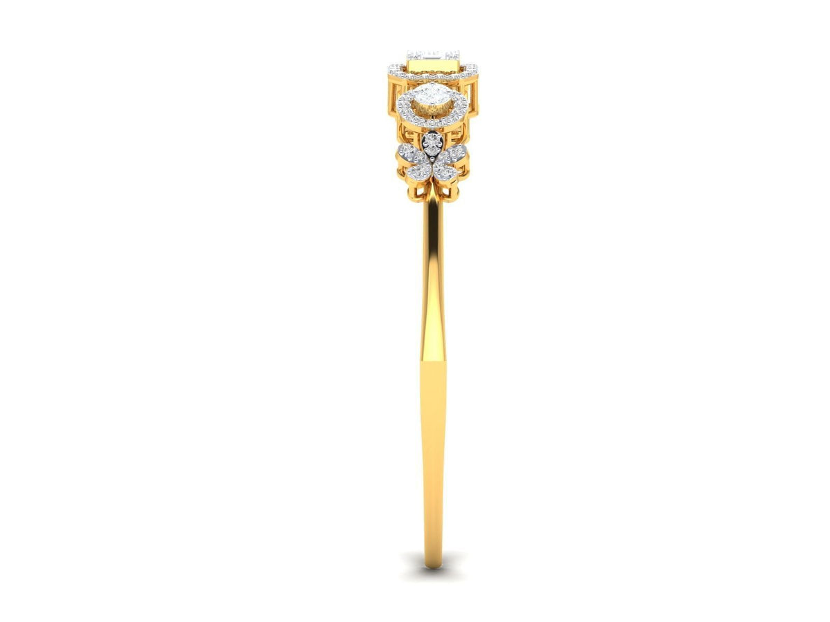 The Lillianna Diamond Bracelet by Niraa showcases a central square-cut diamond flanked by two circular diamonds, each accented with round diamonds. The polished rose gold band features smaller diamond clusters on each side, epitomizing sophistication in a stunning, timeless piece.