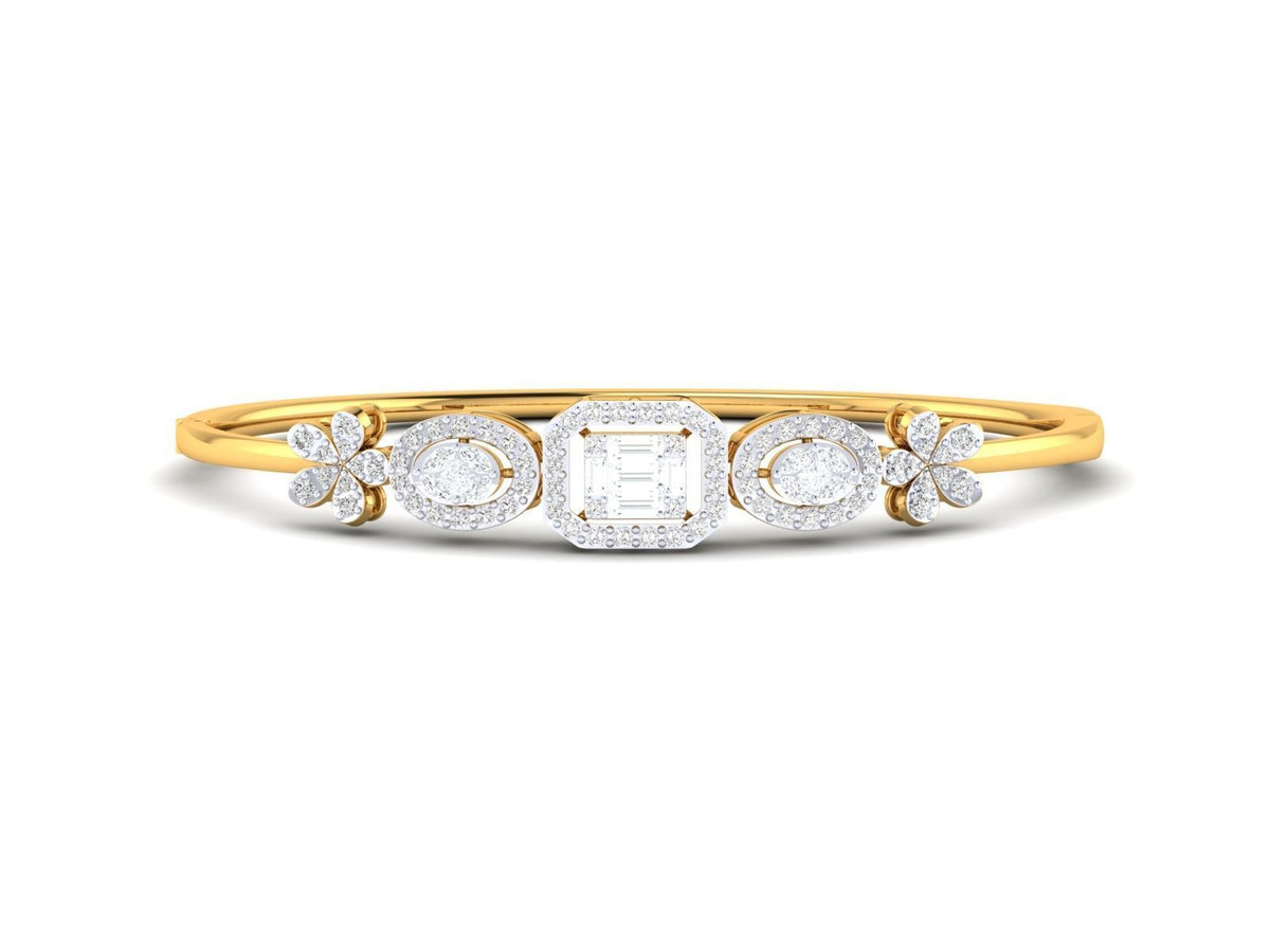 The Lillianna Diamond Bracelet by Niraa showcases a central square-cut diamond flanked by two circular diamonds, each accented with round diamonds. The polished rose gold band features smaller diamond clusters on each side, epitomizing sophistication in a stunning, timeless piece.