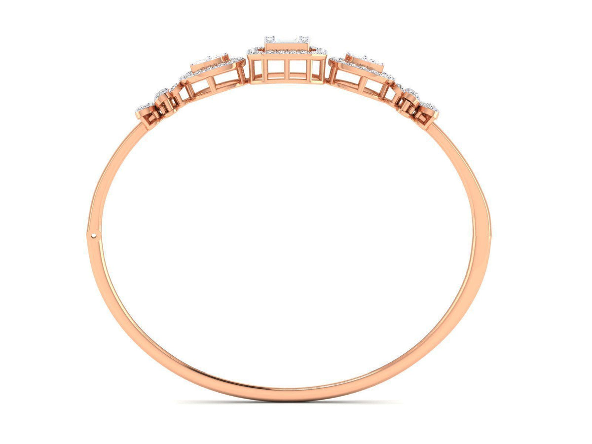 The Lillianna Diamond Bracelet by Niraa showcases a central square-cut diamond flanked by two circular diamonds, each accented with round diamonds. The polished rose gold band features smaller diamond clusters on each side, epitomizing sophistication in a stunning, timeless piece.