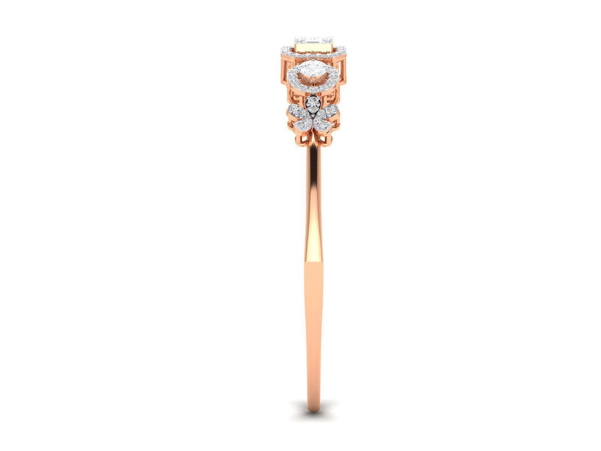 The Lillianna Diamond Bracelet by Niraa showcases a central square-cut diamond flanked by two circular diamonds, each accented with round diamonds. The polished rose gold band features smaller diamond clusters on each side, epitomizing sophistication in a stunning, timeless piece.