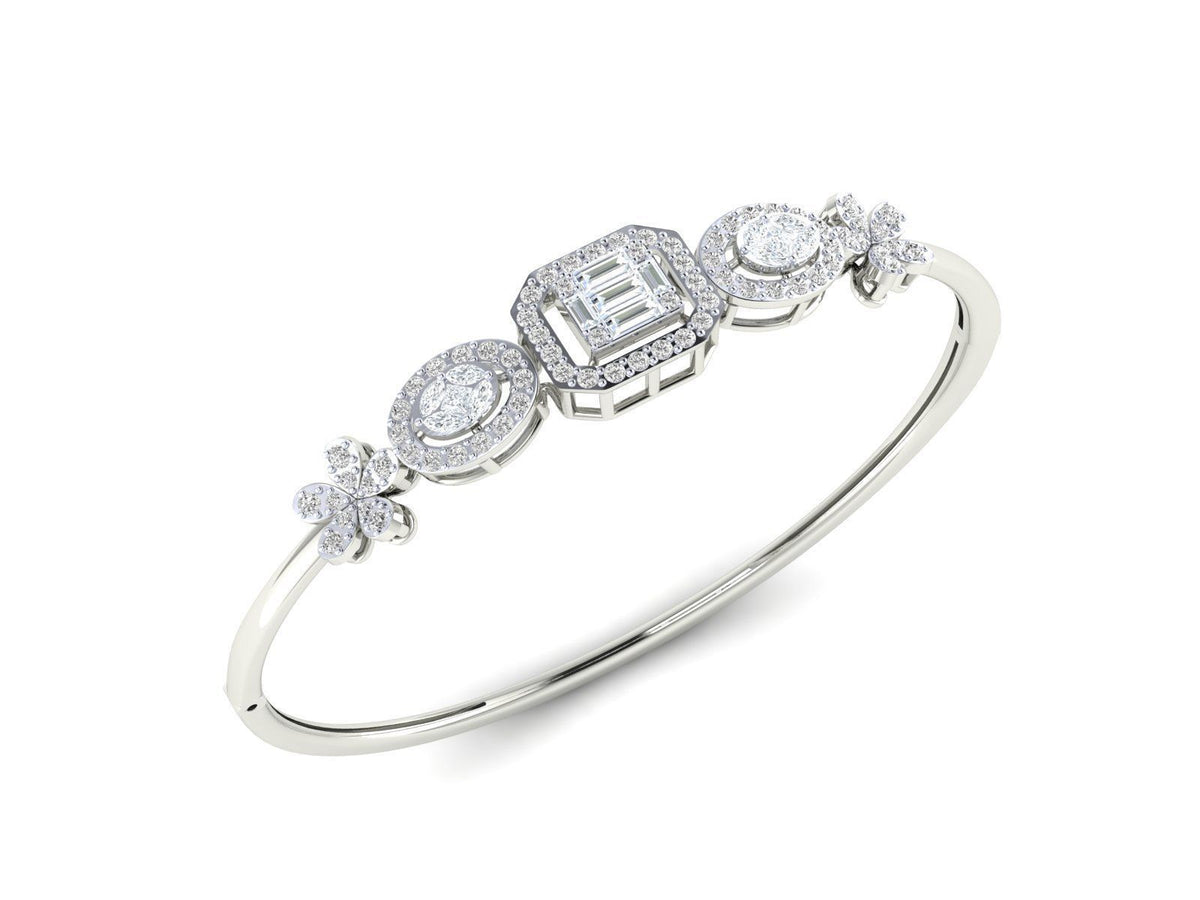 The Lillianna Diamond Bracelet by Niraa showcases a central square-cut diamond flanked by two circular diamonds, each accented with round diamonds. The polished rose gold band features smaller diamond clusters on each side, epitomizing sophistication in a stunning, timeless piece.