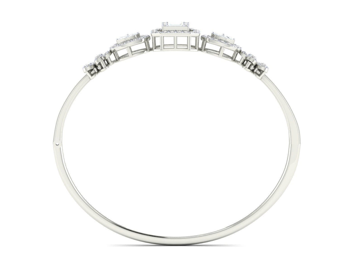 The Lillianna Diamond Bracelet by Niraa showcases a central square-cut diamond flanked by two circular diamonds, each accented with round diamonds. The polished rose gold band features smaller diamond clusters on each side, epitomizing sophistication in a stunning, timeless piece.