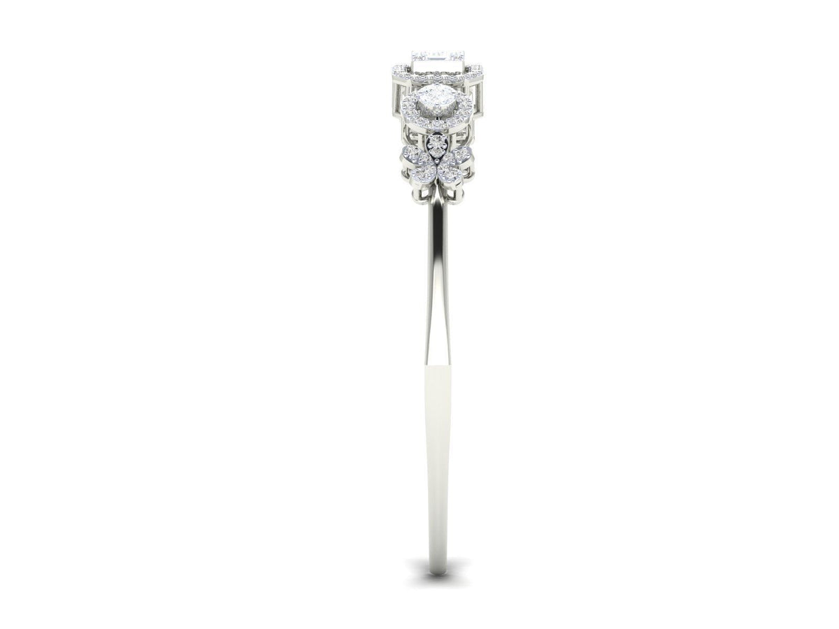 The Lillianna Diamond Bracelet by Niraa showcases a central square-cut diamond flanked by two circular diamonds, each accented with round diamonds. The polished rose gold band features smaller diamond clusters on each side, epitomizing sophistication in a stunning, timeless piece.