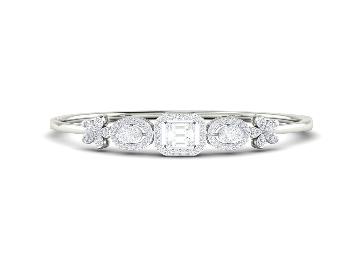 The Lillianna Diamond Bracelet by Niraa showcases a central square-cut diamond flanked by two circular diamonds, each accented with round diamonds. The polished rose gold band features smaller diamond clusters on each side, epitomizing sophistication in a stunning, timeless piece.