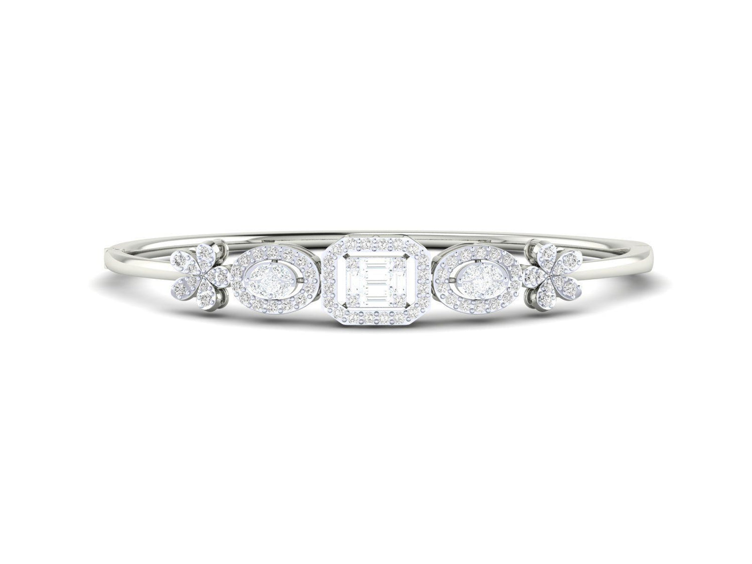 The Lillianna Diamond Bracelet by Niraa showcases a central square-cut diamond flanked by two circular diamonds, each accented with round diamonds. The polished rose gold band features smaller diamond clusters on each side, epitomizing sophistication in a stunning, timeless piece.