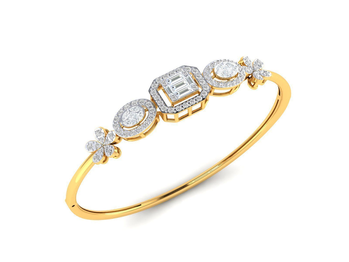 The Lillianna Diamond Bracelet by Niraa showcases a central square-cut diamond flanked by two circular diamonds, each accented with round diamonds. The polished rose gold band features smaller diamond clusters on each side, epitomizing sophistication in a stunning, timeless piece.