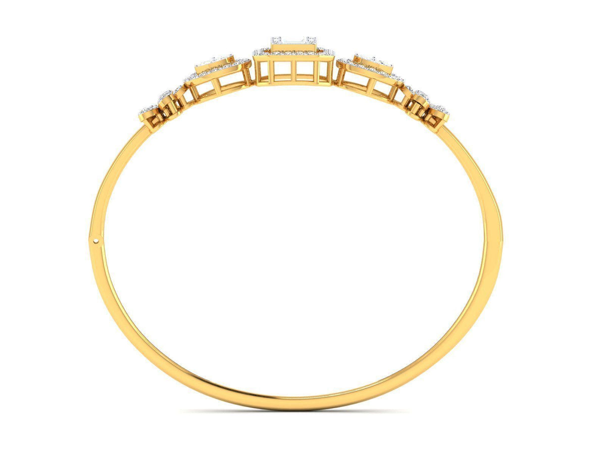 The Lillianna Diamond Bracelet by Niraa showcases a central square-cut diamond flanked by two circular diamonds, each accented with round diamonds. The polished rose gold band features smaller diamond clusters on each side, epitomizing sophistication in a stunning, timeless piece.