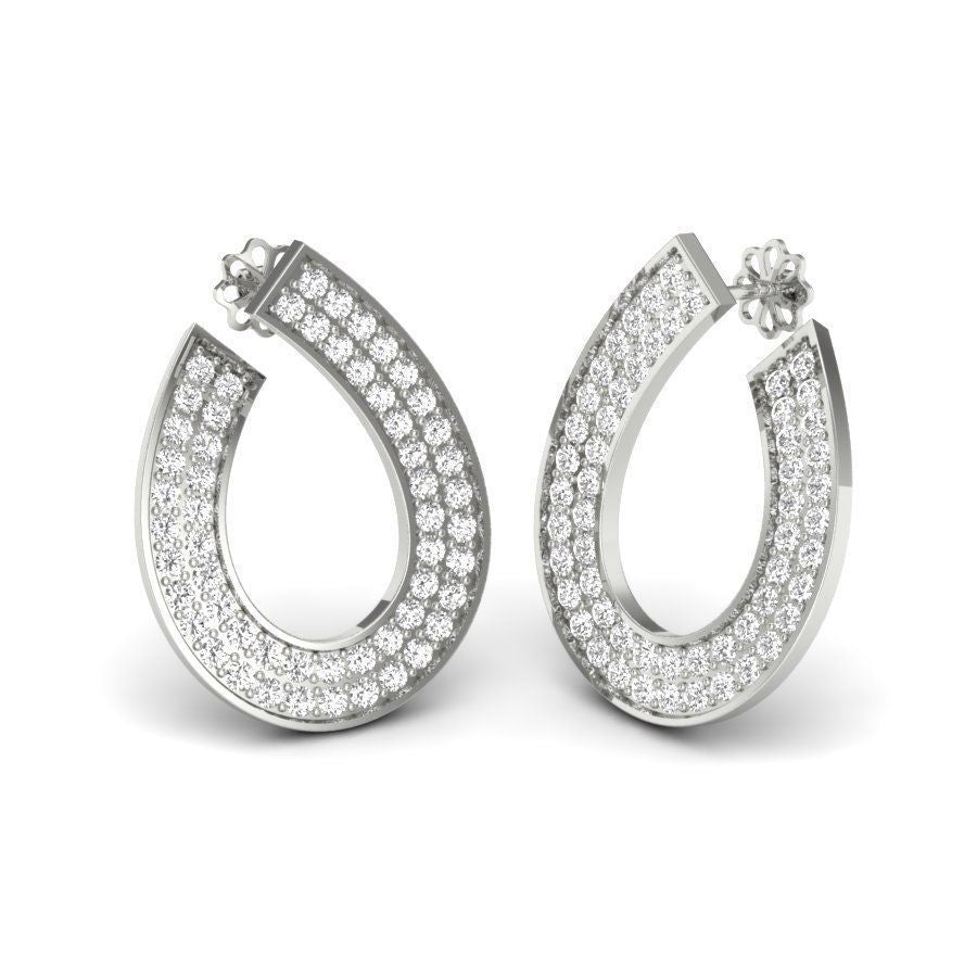 The Niraa Raelynn Diamond Earrings are elegant, horseshoe-shaped accessories encrusted with dazzling diamonds set in lustrous gold. They feature a secure backing and are elegantly displayed upright against a plain white background.