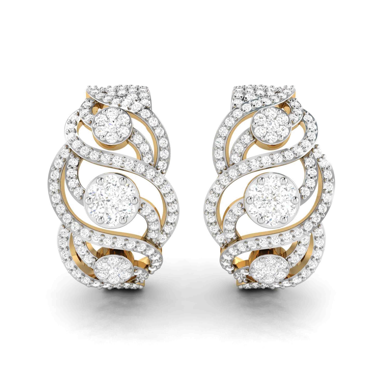 The Aurelia Diamond Earring by Niraa showcases elegant swirling designs with large central diamonds surrounded by smaller ones, featuring a luxurious mix of gold and silver tones to elevate any ensemble into a statement of sophistication and style.