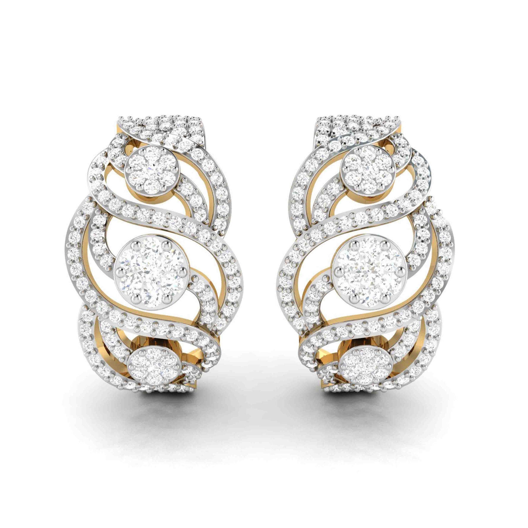 The Aurelia Diamond Earring by Niraa showcases elegant swirling designs with large central diamonds surrounded by smaller ones, featuring a luxurious mix of gold and silver tones to elevate any ensemble into a statement of sophistication and style.