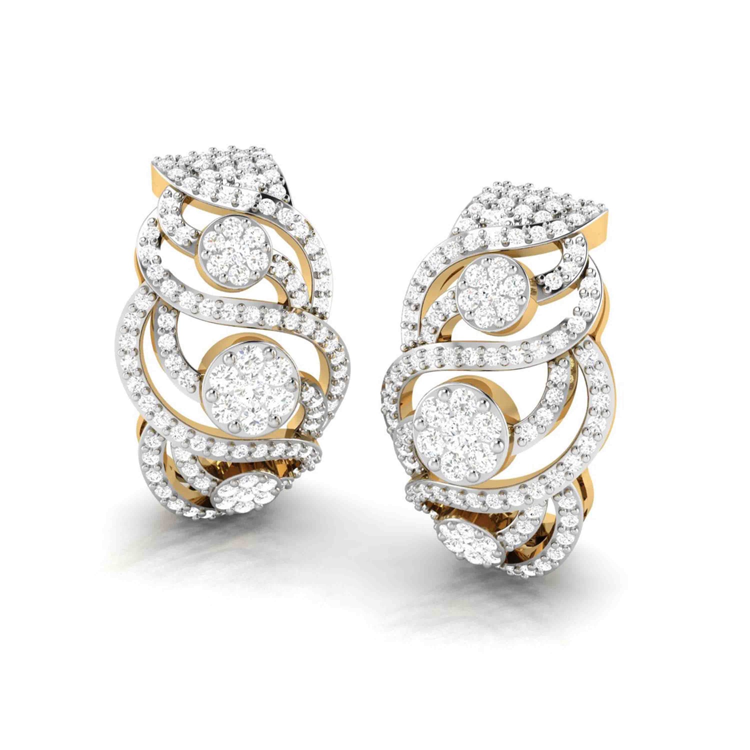 The Aurelia Diamond Earring by Niraa showcases elegant swirling designs with large central diamonds surrounded by smaller ones, featuring a luxurious mix of gold and silver tones to elevate any ensemble into a statement of sophistication and style.