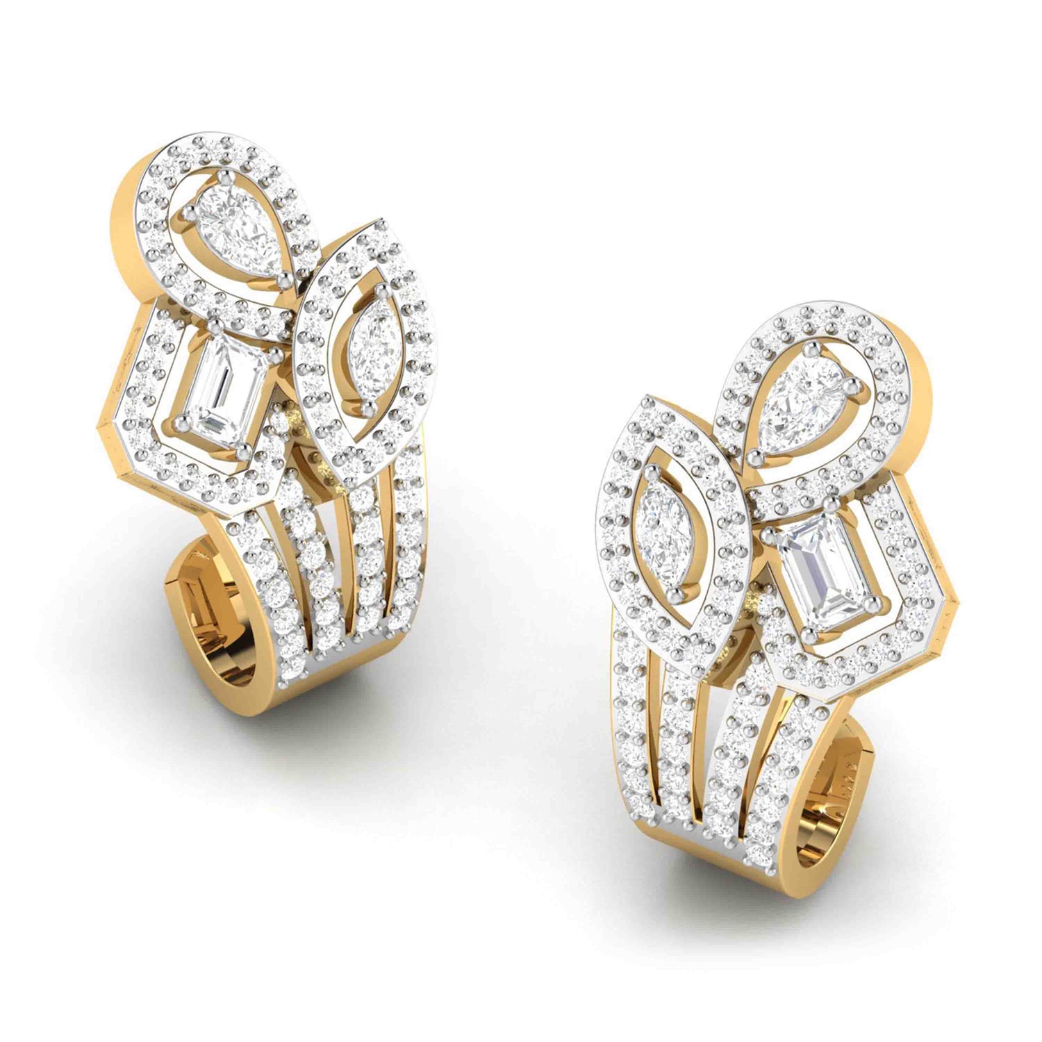 The Beatrice Diamond Earrings by Niraa feature marquise, pear, and rectangular-cut stones set in a gold base with intricate diamond patterns, offering an elegant and luxurious design perfect as a statement accessory.