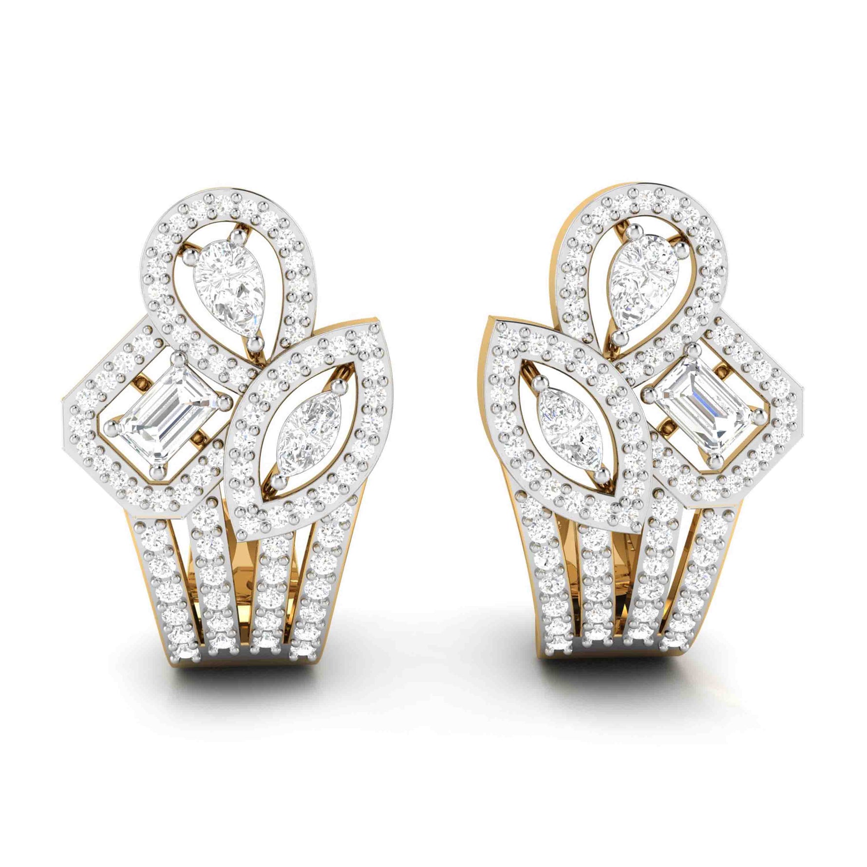 The Beatrice Diamond Earrings by Niraa feature marquise, pear, and rectangular-cut stones set in a gold base with intricate diamond patterns, offering an elegant and luxurious design perfect as a statement accessory.