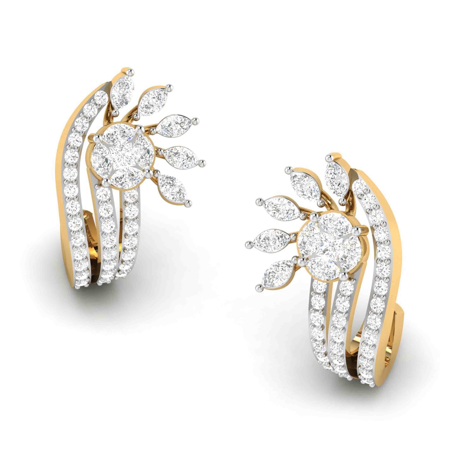 Gold earrings with a three-strand design are adorned with numerous small diamonds. Each earring features a central circular cluster of diamonds surrounded by leaf-shaped arrangements, creating a flower-like appearance. Im sorry, but there might be an issue with the product description.