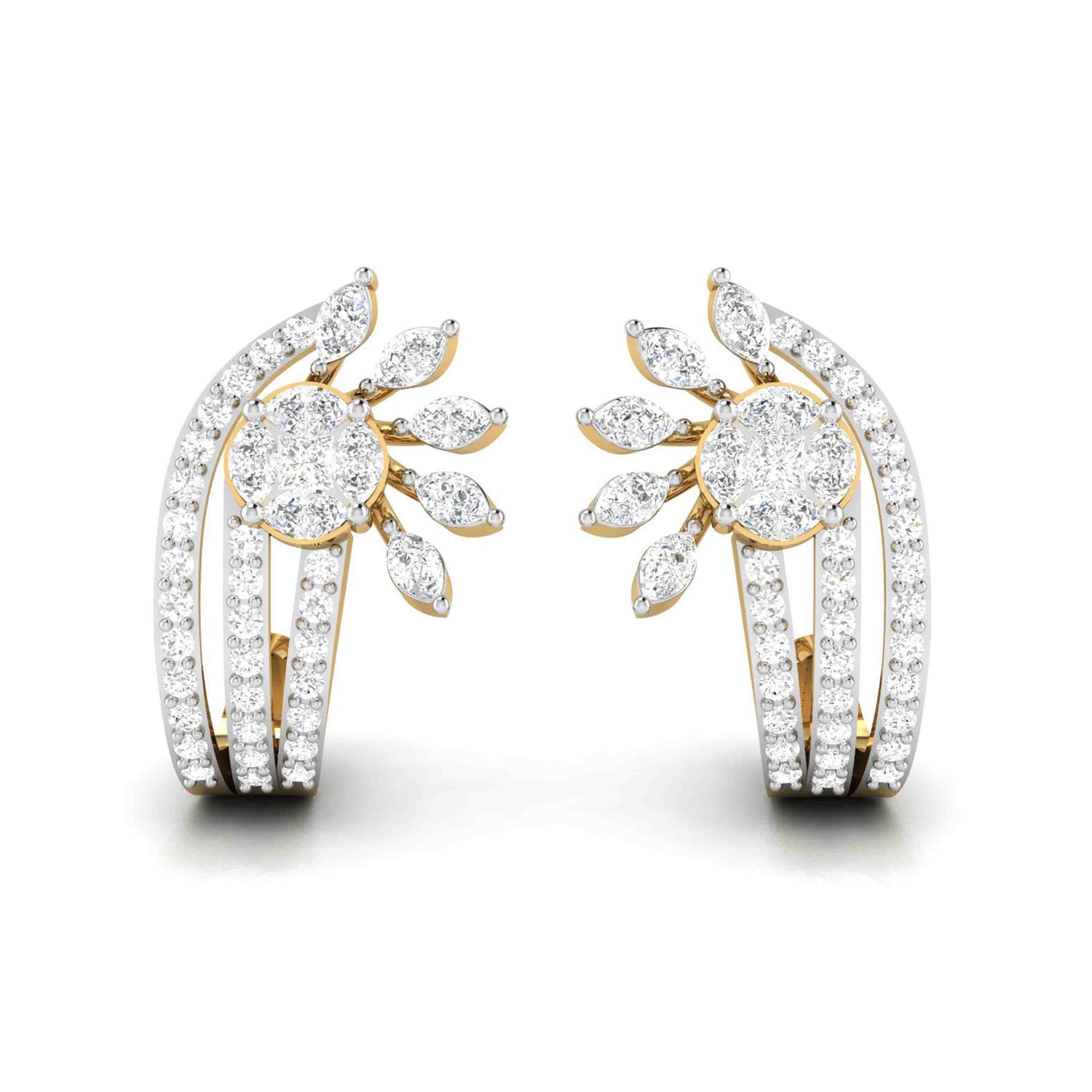 Gold earrings with a three-strand design are adorned with numerous small diamonds. Each earring features a central circular cluster of diamonds surrounded by leaf-shaped arrangements, creating a flower-like appearance. Im sorry, but there might be an issue with the product description.